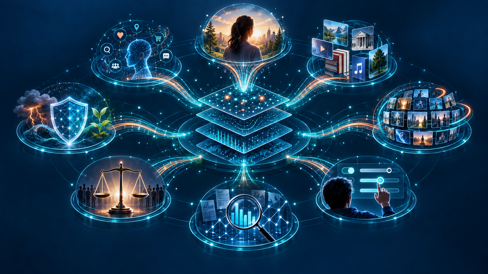 Eight connected governance lenses surrounding a central recommendation system